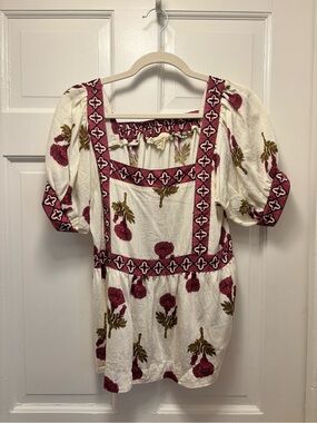 Umgee White and Dark Pink Floral Peasant Top